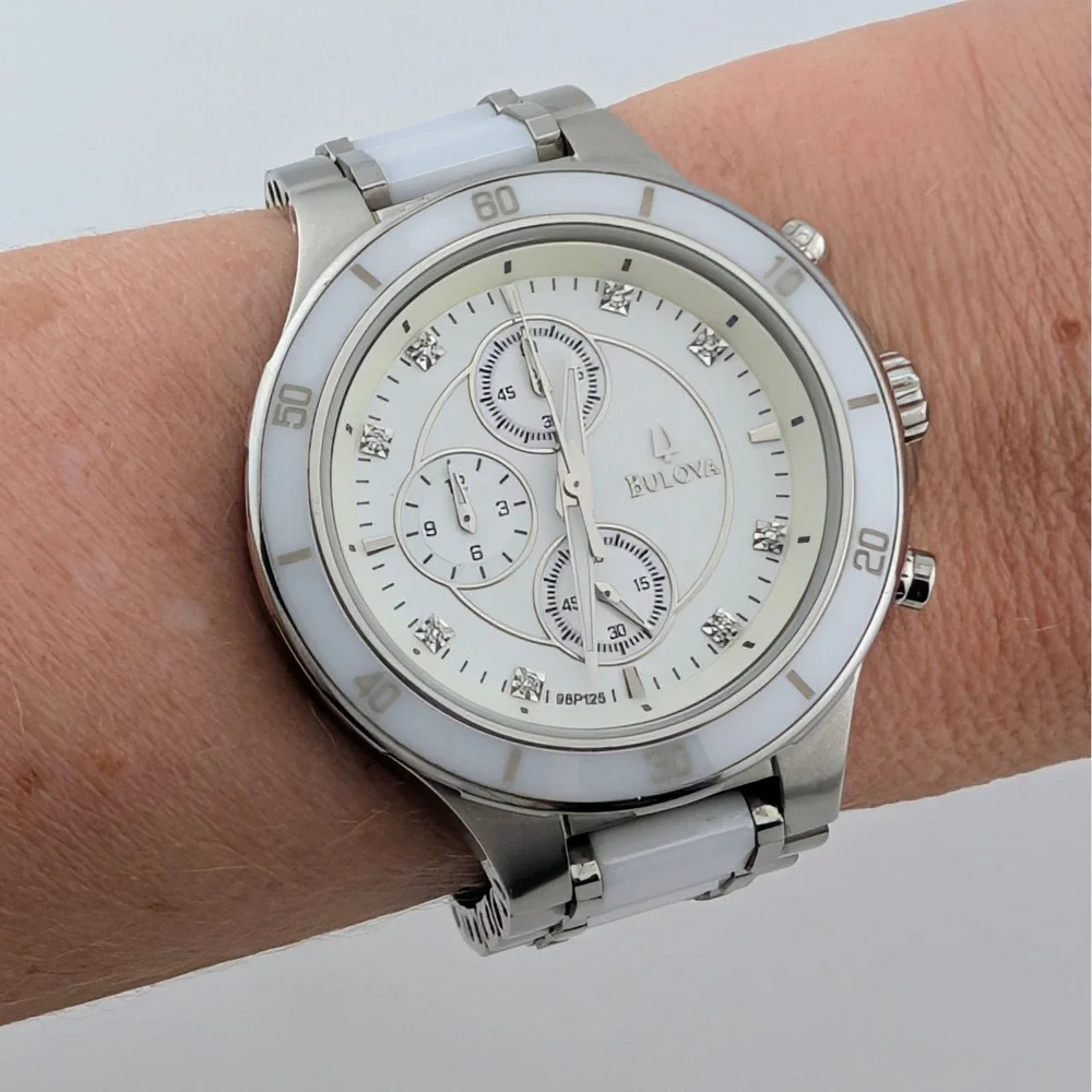 Bulova 98P125 Diamond Chronograph White Ceramic SS Women's Watch 40mm 6